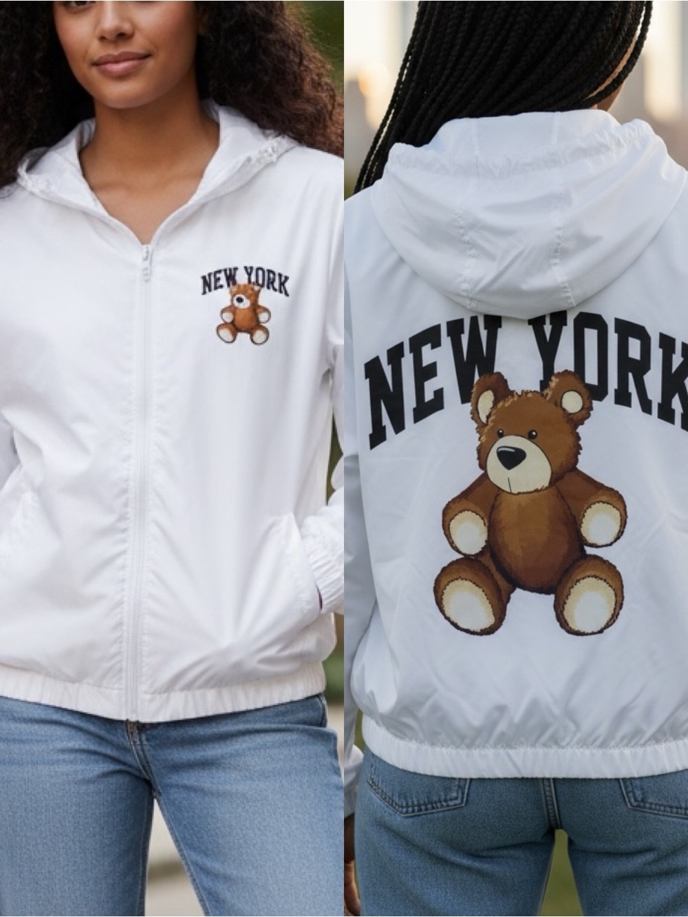Faded Rose‎ NEW YORK Bear Hooded Windbreaker Light Weight Jacket Medium